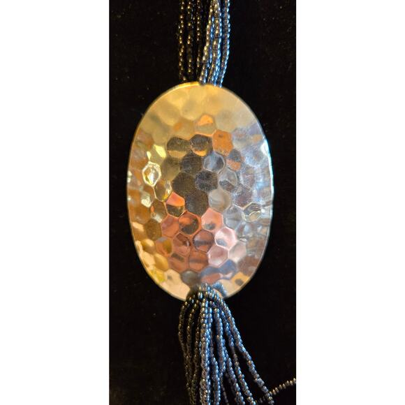 Black and Blue-black Seed Bead Necklace With Hammered Silver Accent Oval - Picture 2 of 7